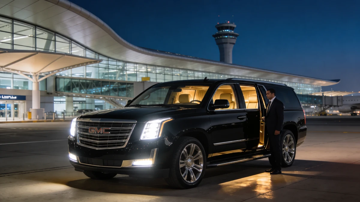 Black premium SUV with a chauffeur at an airport terminal at dusk