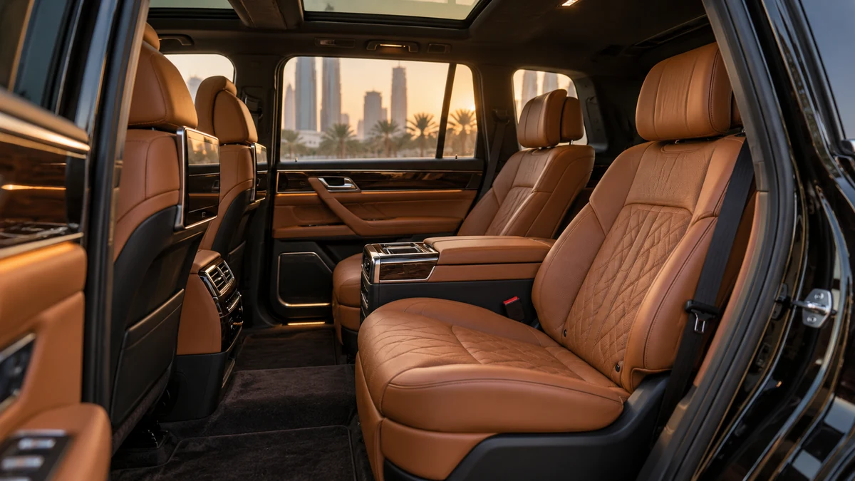 Saddle leather seats inside an illustrative premium passenger cabin